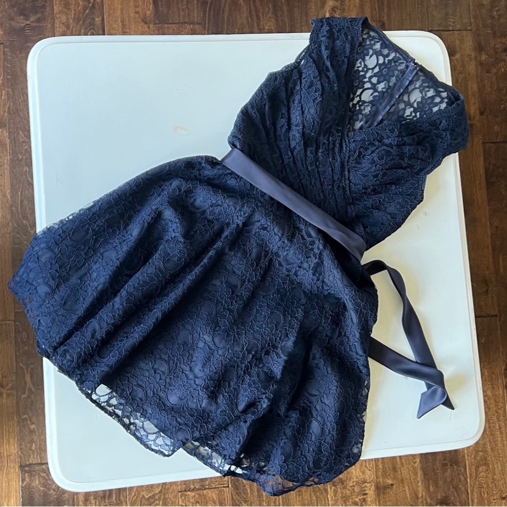 mori lee navy midi dress
